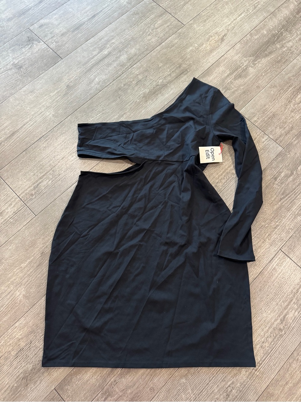 Open Edit Black One-Shoulder Cutout Midi Dress